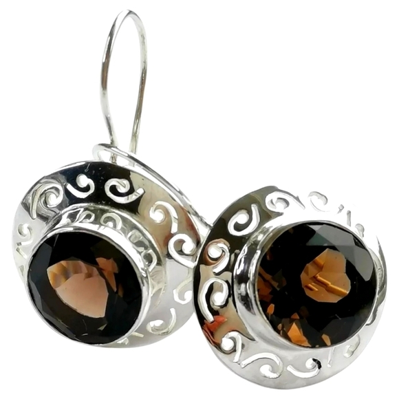 Smoky Topaz Quartz Drop Earrings Sterling Silver - Picture 1 of 8
